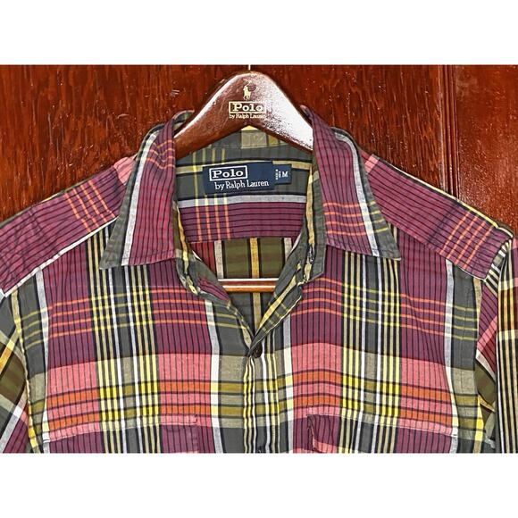RARE VINTAGE POLO RALPH LAUREN PINK GREEN PLAID SHIRT EPAULETTS SIZE M / MEDIUM